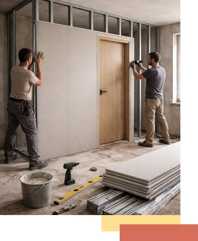 Перегородка из гипсокартона с дверью под ключ в донском