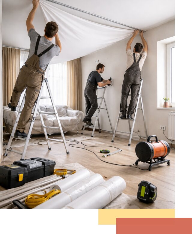 Монтаж натяжного потолка в гостиной в донском